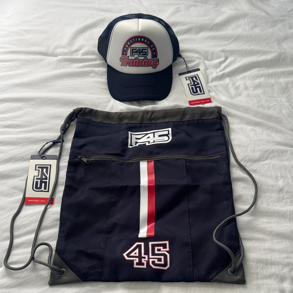 F45 Navy Drawstring Backpack with Red and White Stripes